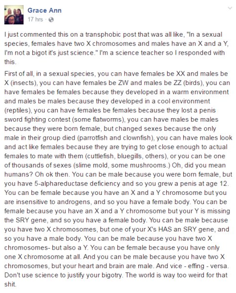 TransEquality's tweet photo. Biology teacher destroys transphobic bigots with hard science https://t.co/FnX5OQA38U via @observer #marchforscience https://t.co/bqU3y0bcWc