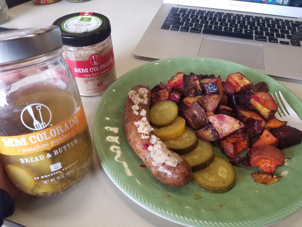 #desklunchconfessional Yummy andouille from The Local Butcher at <a href="/dencentralmkt/">DenverCentralMarket</a> goes great with our spicy mustard &amp; pickles! #localfood