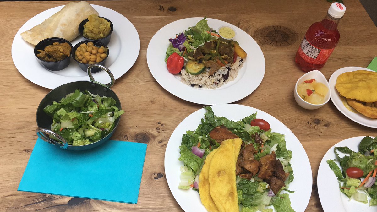 BindysCaribbean's tweet photo. A glimpse of #Bindys items on the menu! #JerkChickenSalad #CurryGoatDish #TrinidadDoubles #RedSolo #Bindys@theforks #meetmeattheforks #wpg https://t.co/Z9D1bPiita