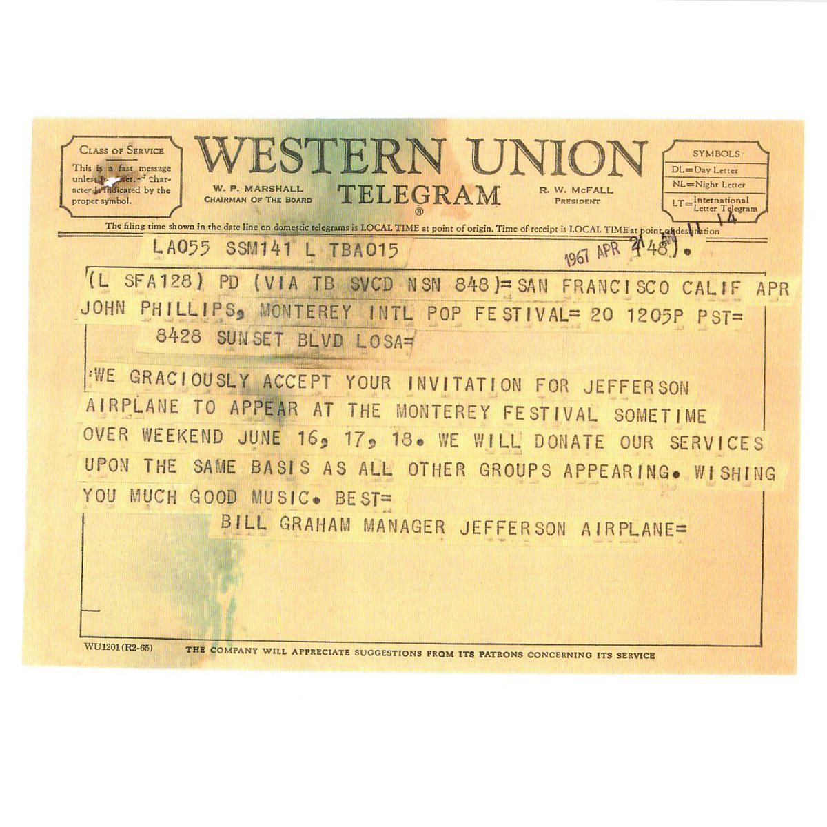 montereypop50's tweet photo. “Wishing you much good music.” -- #BillGraham, 4.21.67
#JeffersonAirplane accepts the invitation to perform at #MontereyPop. #onthisday https://t.co/REivSUcxNN