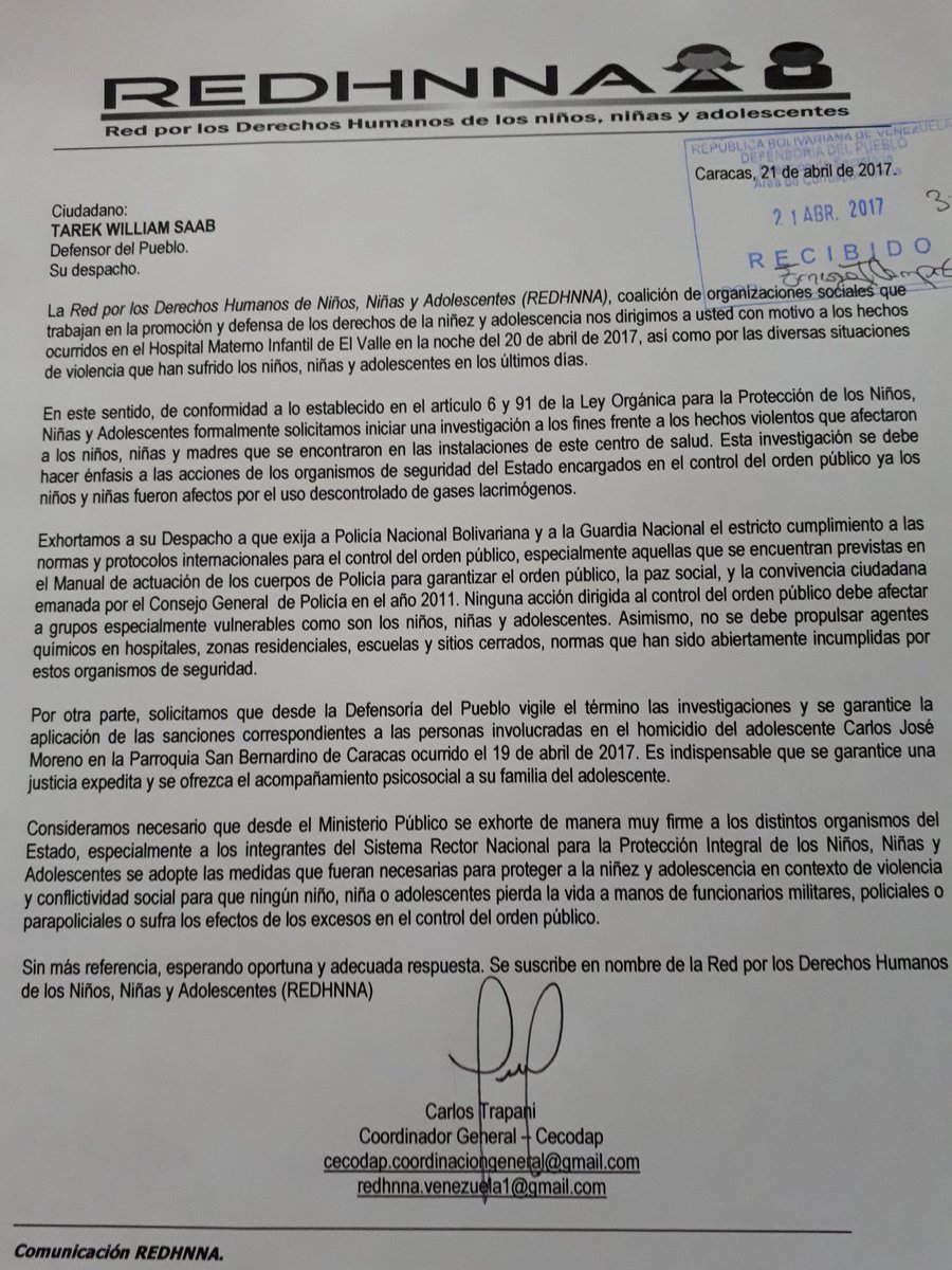 REDHNNA's tweet photo. 1. Hoy @REDHNNA solicitó al @MPvenezolano y @Defensoria_Vzla investigación por hechos violencia con niños en el Materno Infantil El Valle https://t.co/xyLFraQZl1