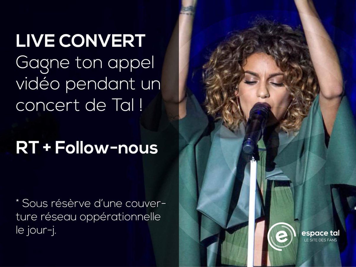 EspaceTal's tweet photo. #RT + Follow pour gagner un appel vidéo en direct du concert de @TalOfficial samedi prochain sur la date de Tours ! 🎤 https://t.co/0lZPd98MAj