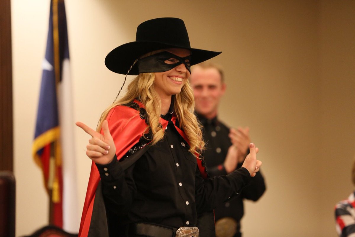 TexasTech's tweet photo. 2017-2018 Masked Rider Laurie Tolboom dons the iconic mask, bolero hat and cape of her new role. #IAmARedRaider https://t.co/WbzY94kkWC