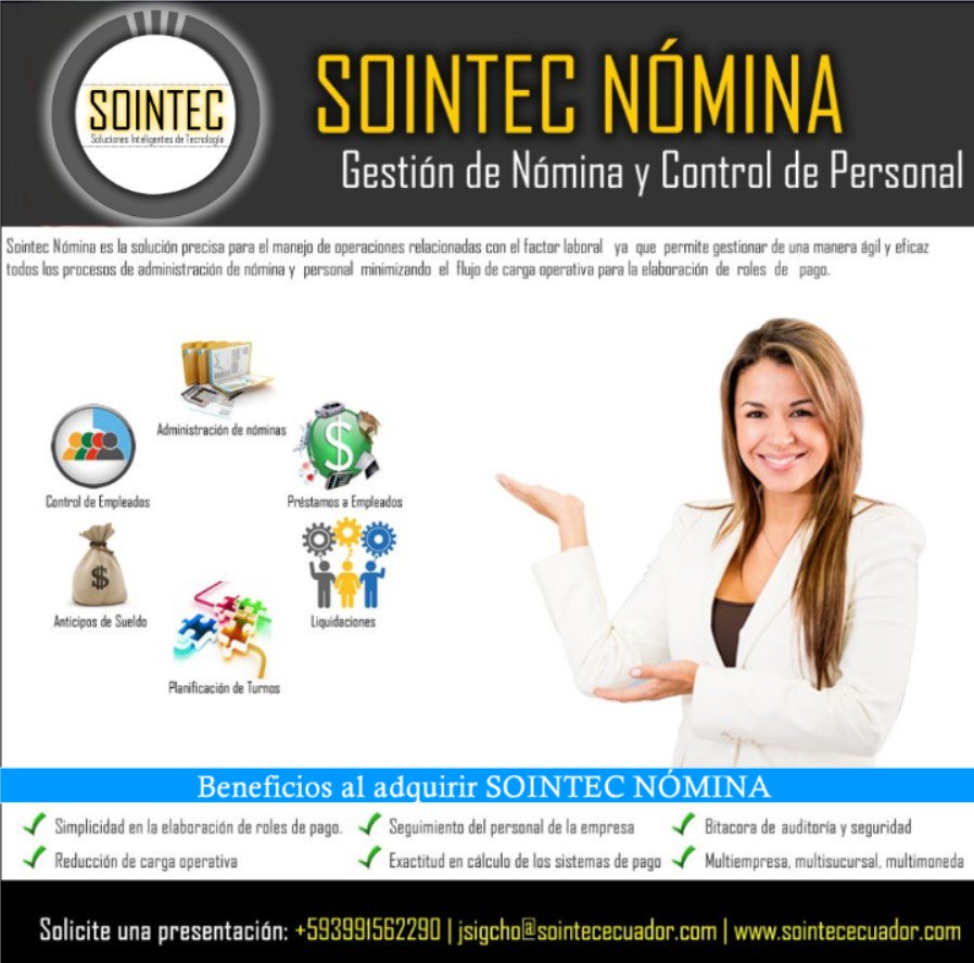 sointec_ec's tweet photo. ¡Llevar tus procesos de nomina nunca fue mas FACIL! @todoventas_ec @ElGuayacoVende @LucioGutierrez3 0998501889 https://t.co/jkbCnD275e