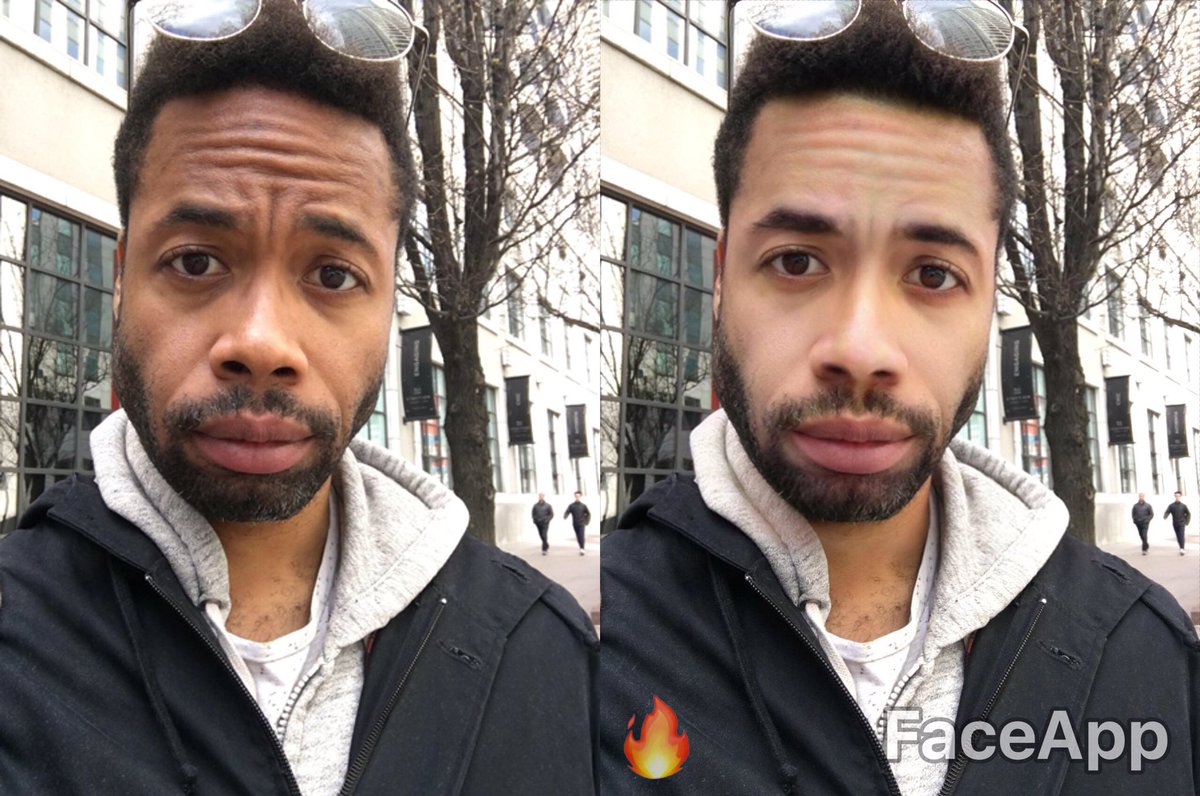 Burnsey's tweet photo. Hey, @faceapp_ai, here's what your "hot" filter does to my pics. Care to explain? #whitefaceapp #BlackLivesMatter https://t.co/1yMKpjMCmh