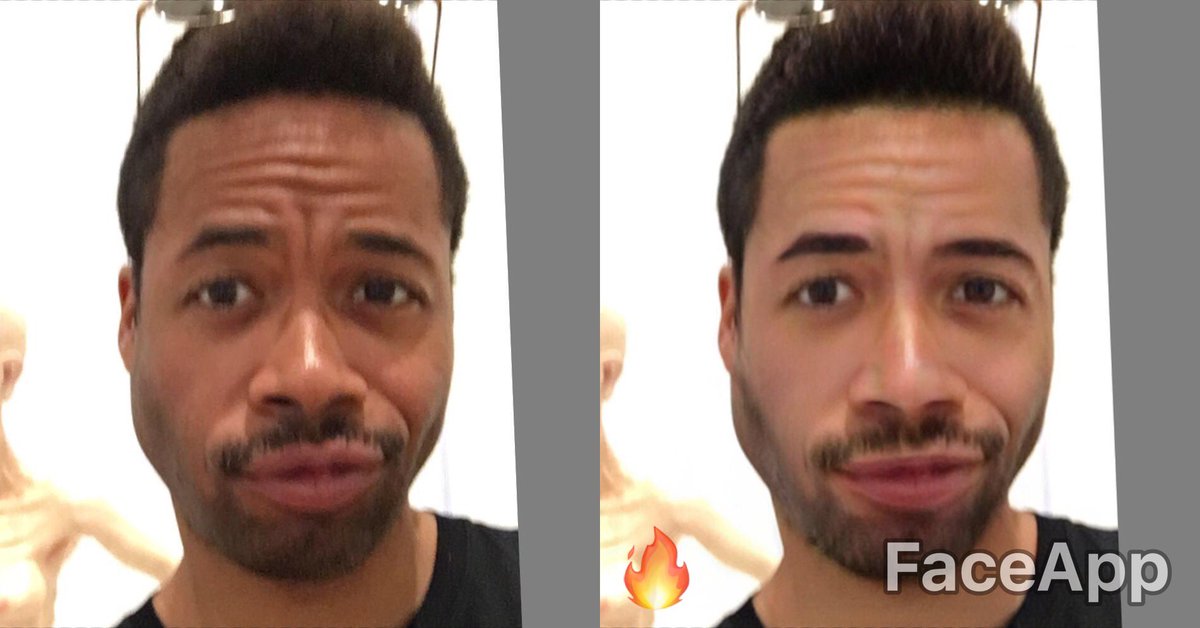 Burnsey's tweet photo. Hey, @faceapp_ai, here's what your "hot" filter does to my pics. Care to explain? #whitefaceapp #BlackLivesMatter https://t.co/1yMKpjMCmh