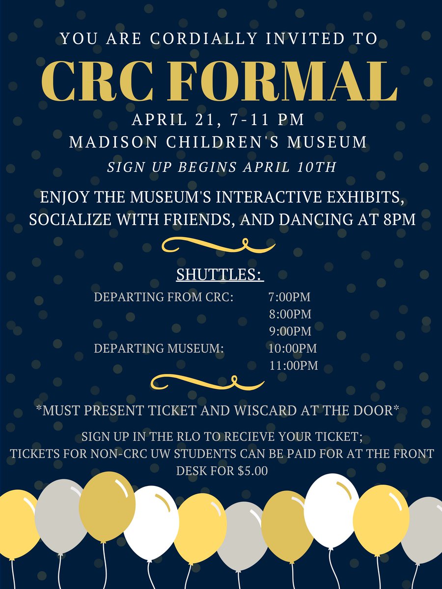 CRC Formal is TONIGHT! Come hang out with us at the Madison Children's Museum from 7pm - 11pm!!!