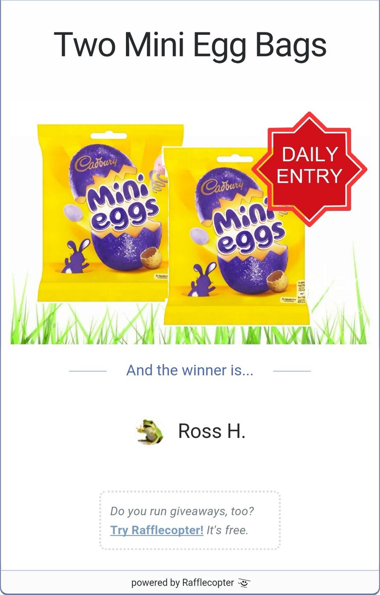 FreeComp_UK's tweet image. WINNER! Congratulations to Ross H @NimbleFrog You have won our comp for 2x Mini egg bags! We will email you shortly. Freecomp.co.uk/eggs