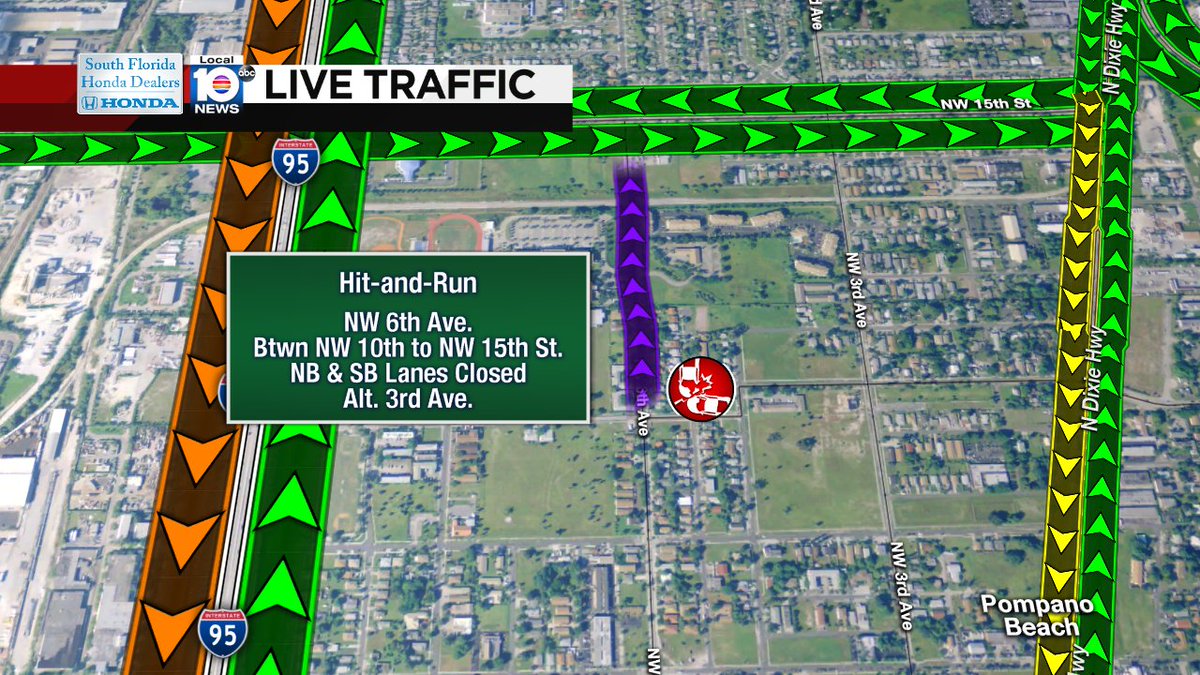 HIT-RUN-CRASH: NW 6th Ave. btwn 10-15th Streets is shut down in Pompano Beach as police investigate. Alt 3rd Ave. https://t.co/jelmy2lHBP