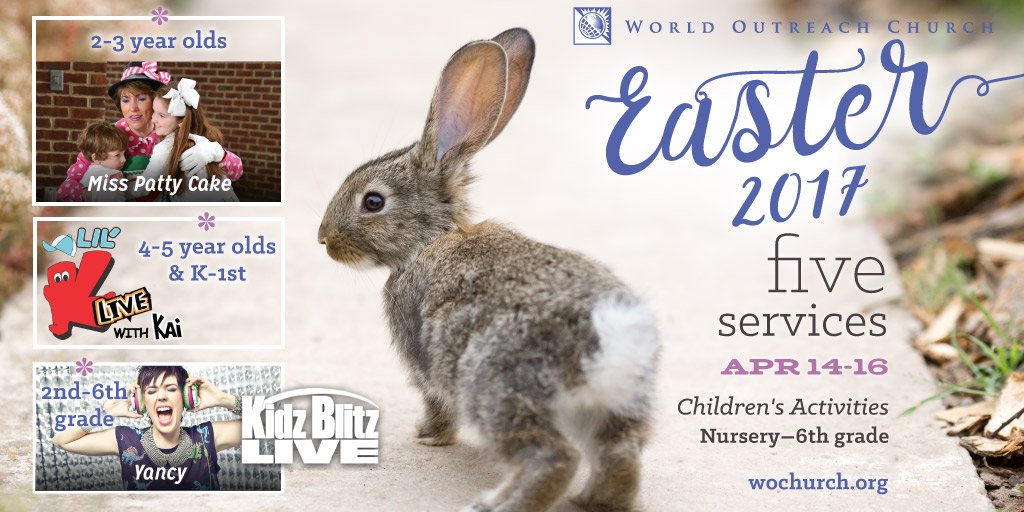 Come join us for our Easter celebration!
April 14 at 6:00 PM, April 15 at 5:00 PM and 7:00 PM and April 16 at 8:30 AM and 10:30 AM.