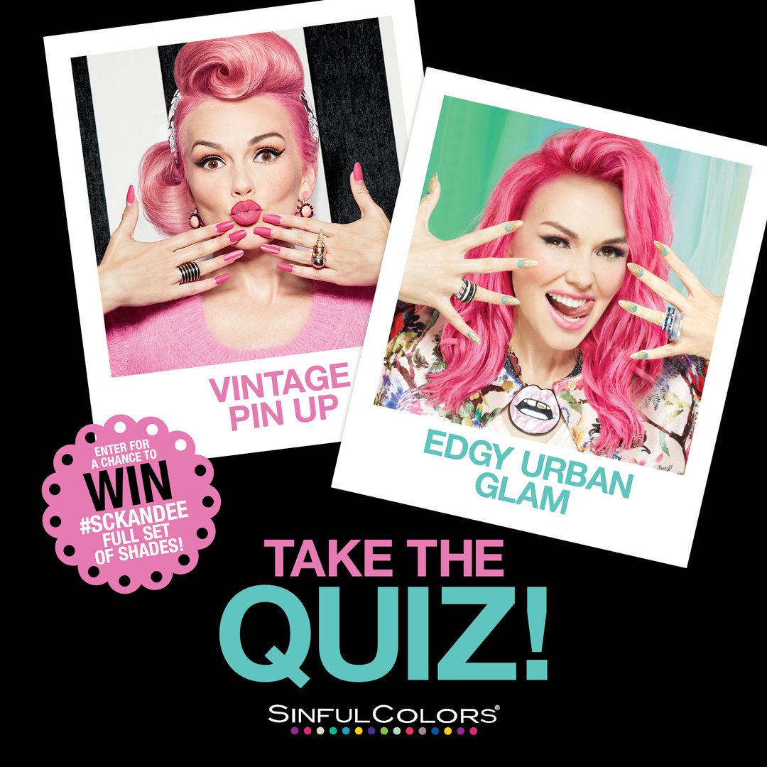 SinfulColors's tweet photo. Take the quiz! Find out which #SCKandee collection suits your style, and you could win the FULL set of shades! #SinfulSweeps #SinfulColors https://t.co/K3He0RQjml
