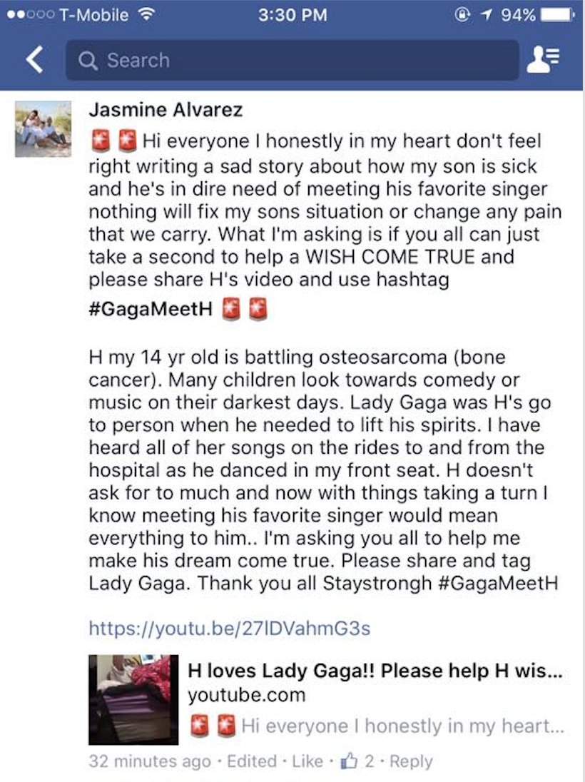 HelpHMeetGaga's tweet photo. @ladygaga H LOVES you & he's dying. Please at the very least video call w/him. He's 14 and has cancer & now in hospice at home. #GagaMeetH https://t.co/twODO77ISf