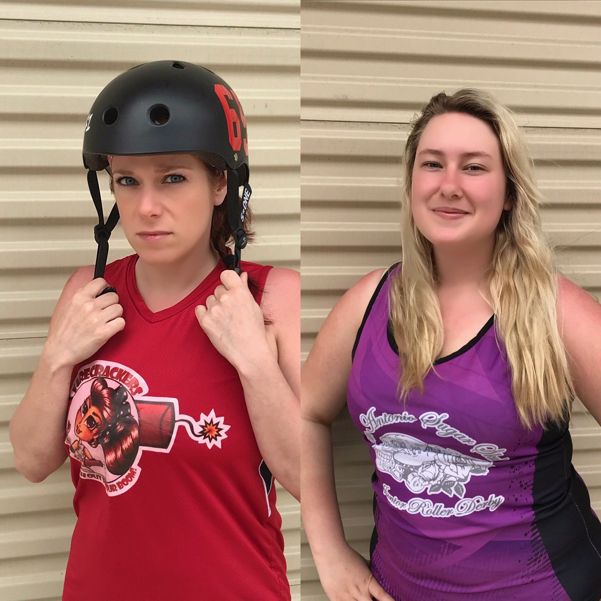 DestinationDerb's tweet image. B'Elanna and Sniper show off their headshots as members of the Heart of Texas Skaters! #SanAntonio #juniorderby #texas #firecrackers #derby