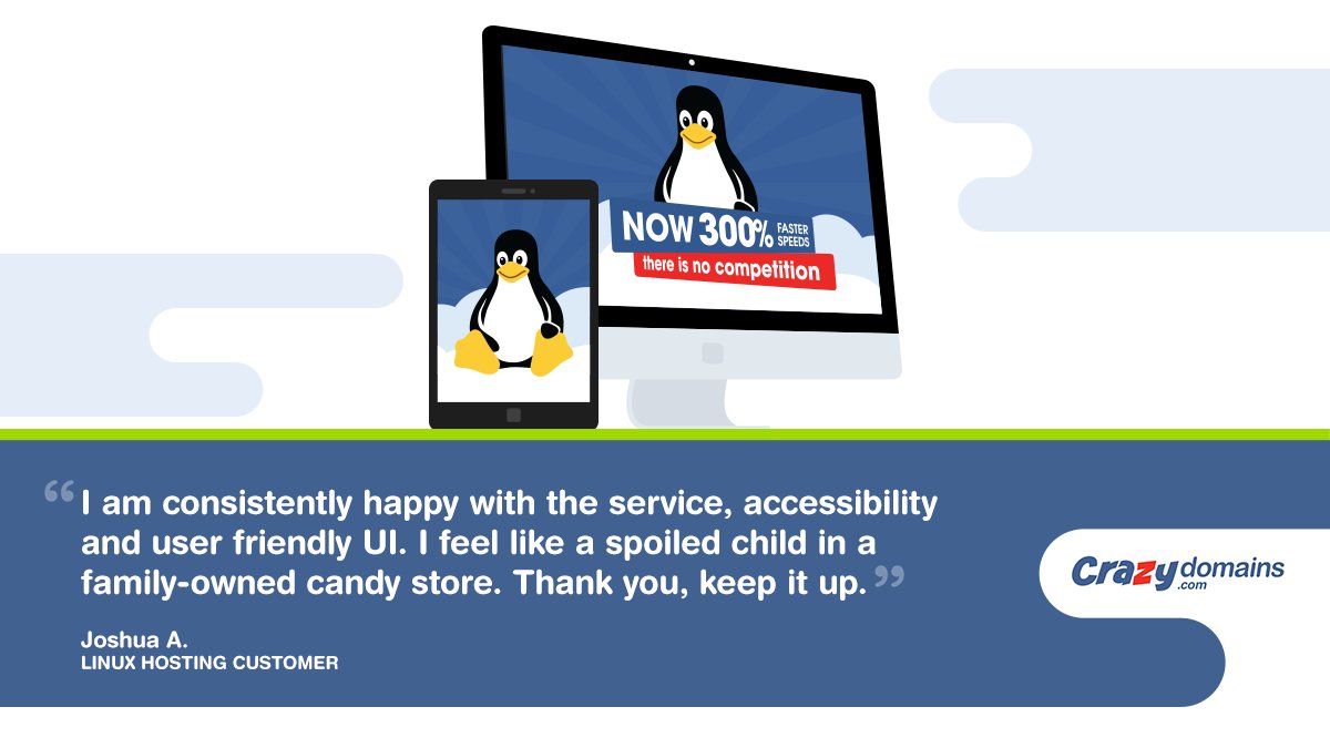 CrazyDomains's tweet image. Check out and see why Joshua’s very satisfied with our Linux Hosting!
#linux #linuxwebhosting #webhosting #crazydomains
