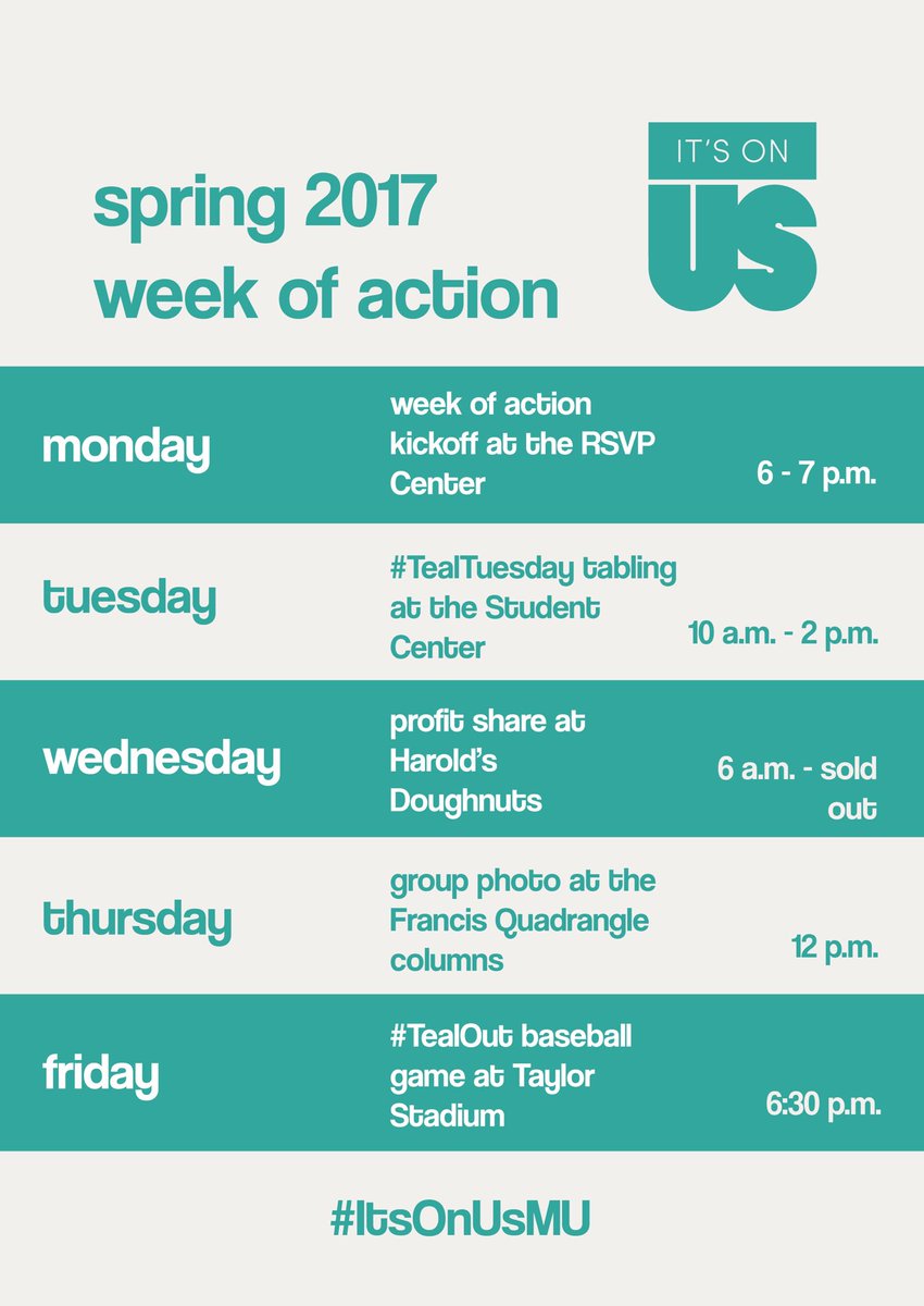 ItsOnUsMU's tweet photo. RT if you're excited for our Spring Week of Action! See you tomorrow at our kickoff. #ItsOnUsMU https://t.co/KKraneRoji