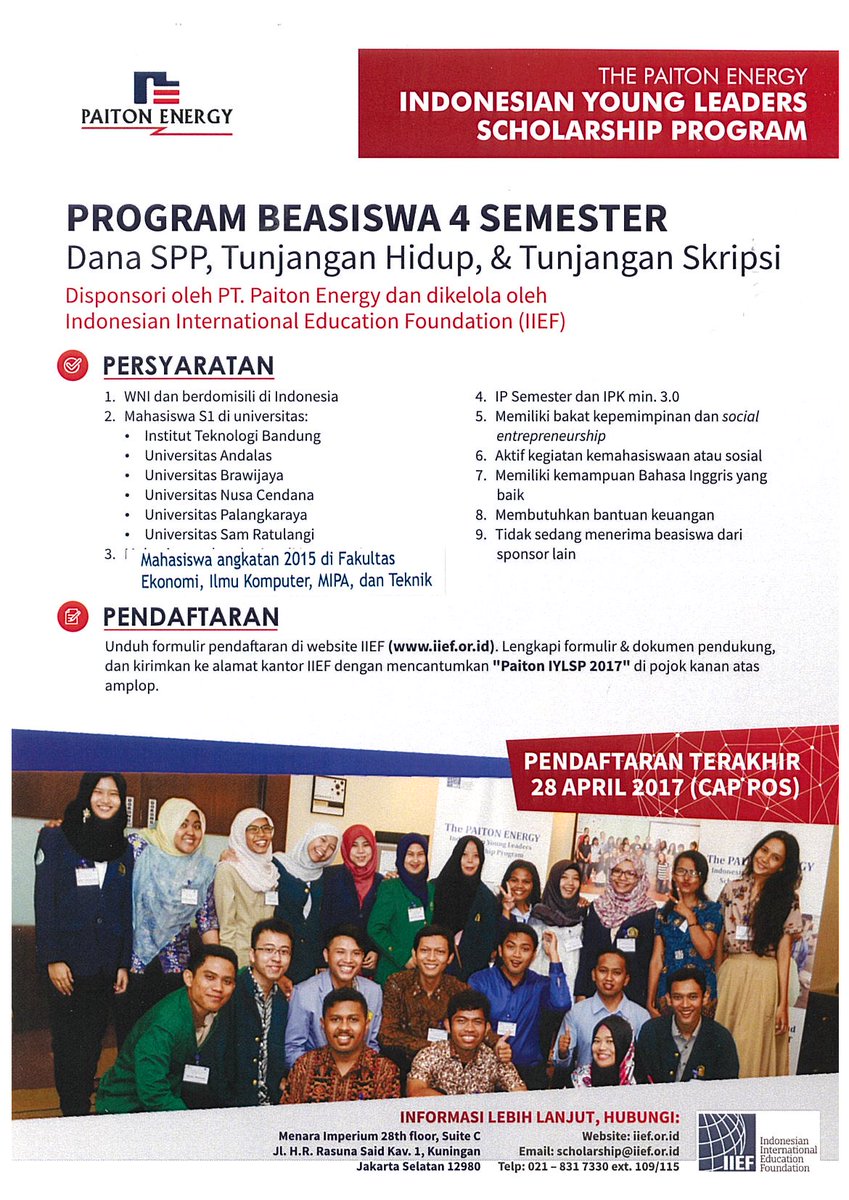 IIEFJakarta's tweet photo. Call for applicants! Beasiswa #PaitonIYLSP 2017 oleh PT. Paiton Energy. Formulir dapat diunduh di web IIEF :) https://t.co/RwbBLyWiMm