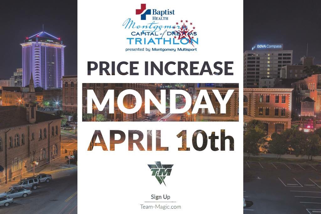 Less than 2 hours left to SIGN UP with discounted pricing for this great #Triathlon in Montgomery, AL!

SIGN UP: bit.ly/2mDg63q