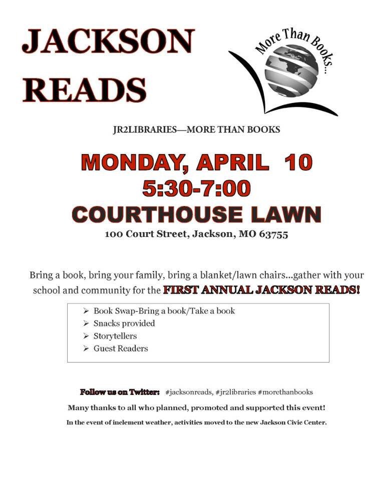 abourner98's tweet photo. Hope to see everyone tomorrow, April 10 from 5:30-7:00 pm. Courthouse lawn (Civic Center in case of rain) #jr2libraries #jacksonreads https://t.co/HMrv1dcdyD