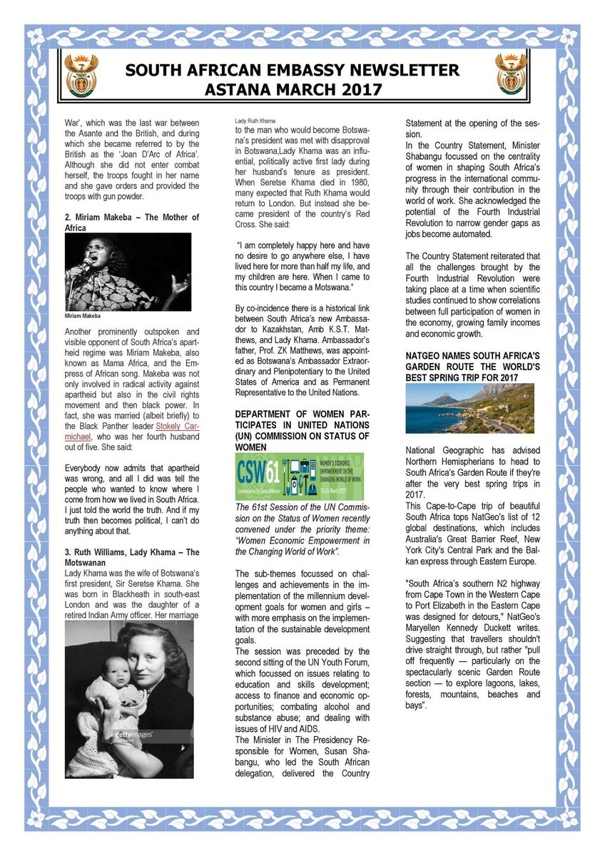 SAEmbassyKZ's tweet photo. South African Embassy Newsletter March 2017 https://t.co/o0yJTvg2Po