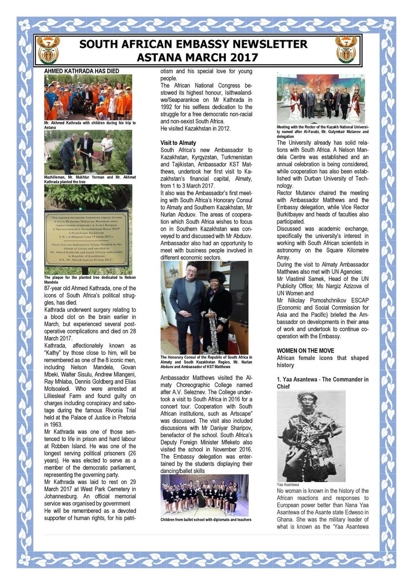 SAEmbassyKZ's tweet photo. South African Embassy Newsletter March 2017 https://t.co/o0yJTvg2Po