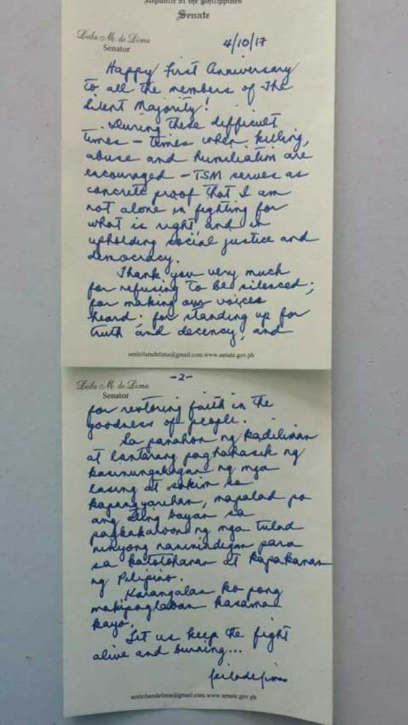 Luttangcor's tweet photo. A message from Senator Leila De Lima #OneTSM https://t.co/MLb4rl2346