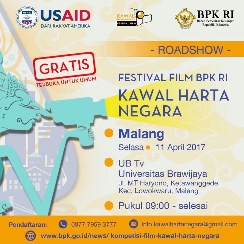 Malang - Roadshow Festival Film Kawal Harta Negara 2017
⏰ 11 April 2017 - 9.00WIB
📍Studio UB TV, belakang rektorat UB