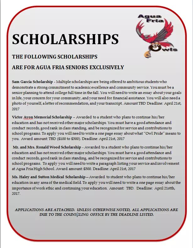 AFHootieOwl's tweet photo. @AFHS_2017 Pick up applications for these Agua Fria senior only scholarships in College Career Center. #CollegeReady Due dates soon! https://t.co/rpxmG1uH06