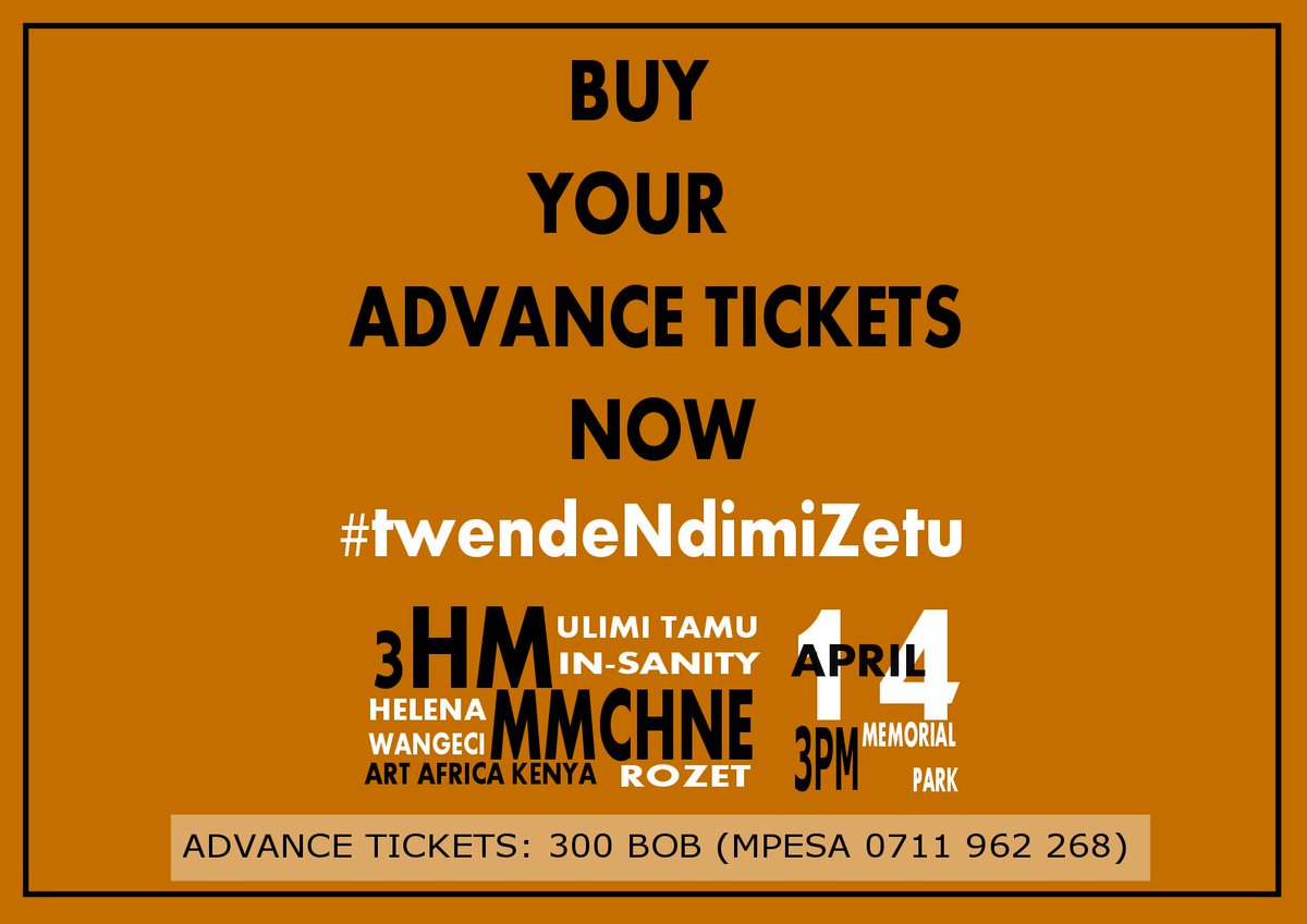 3 DAYS to...
NDIMI ZETU FESTIVAL
Do you have your Advance tickets?
Mpesa 300bob to 0711 962 268.
#3pm 
#memorial_park / bomb blast