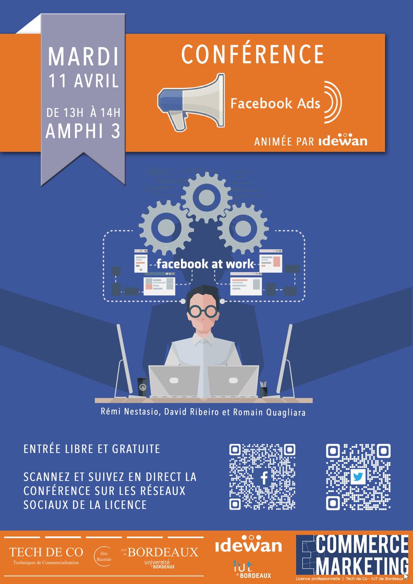 idewan's tweet photo. Conférence gratuite sur les #FacebookAds demain 13h à l'IUT Bordeaux 4! Inscriptions: https://t.co/SOQZiQIRcl #LPECOM #SocialMedia #Bordeaux https://t.co/VMQwKS7jKu