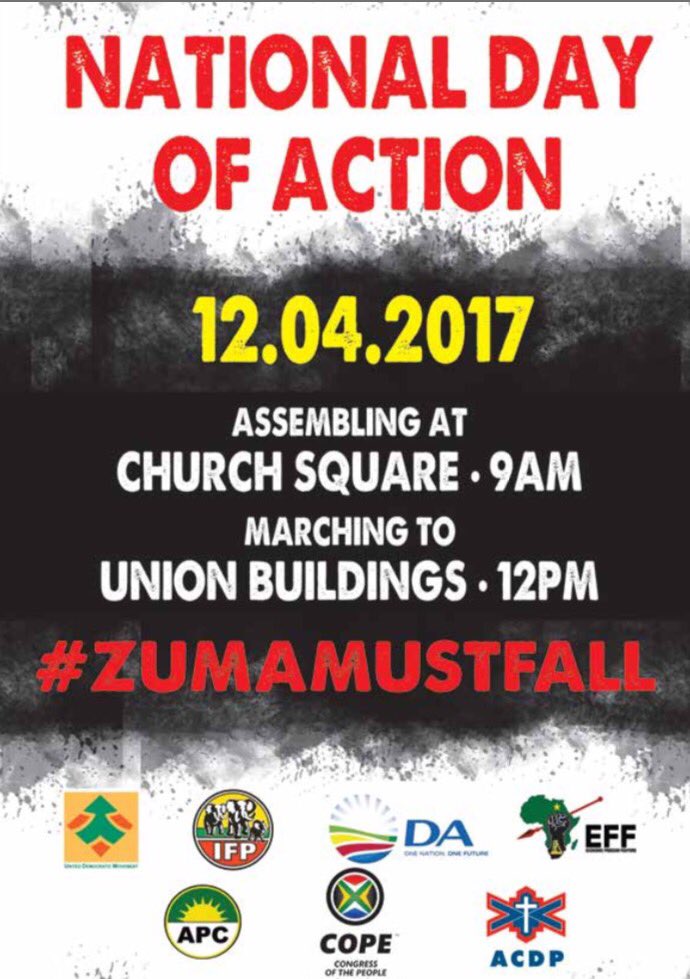 Our_DA's tweet photo. RETWEET if you support the National Day of Action #OppositionMarch 🇿🇦☝️

Weds 12 April
From: Church Square (09h00)
To: Union Buildings https://t.co/bHDBm4xGrB