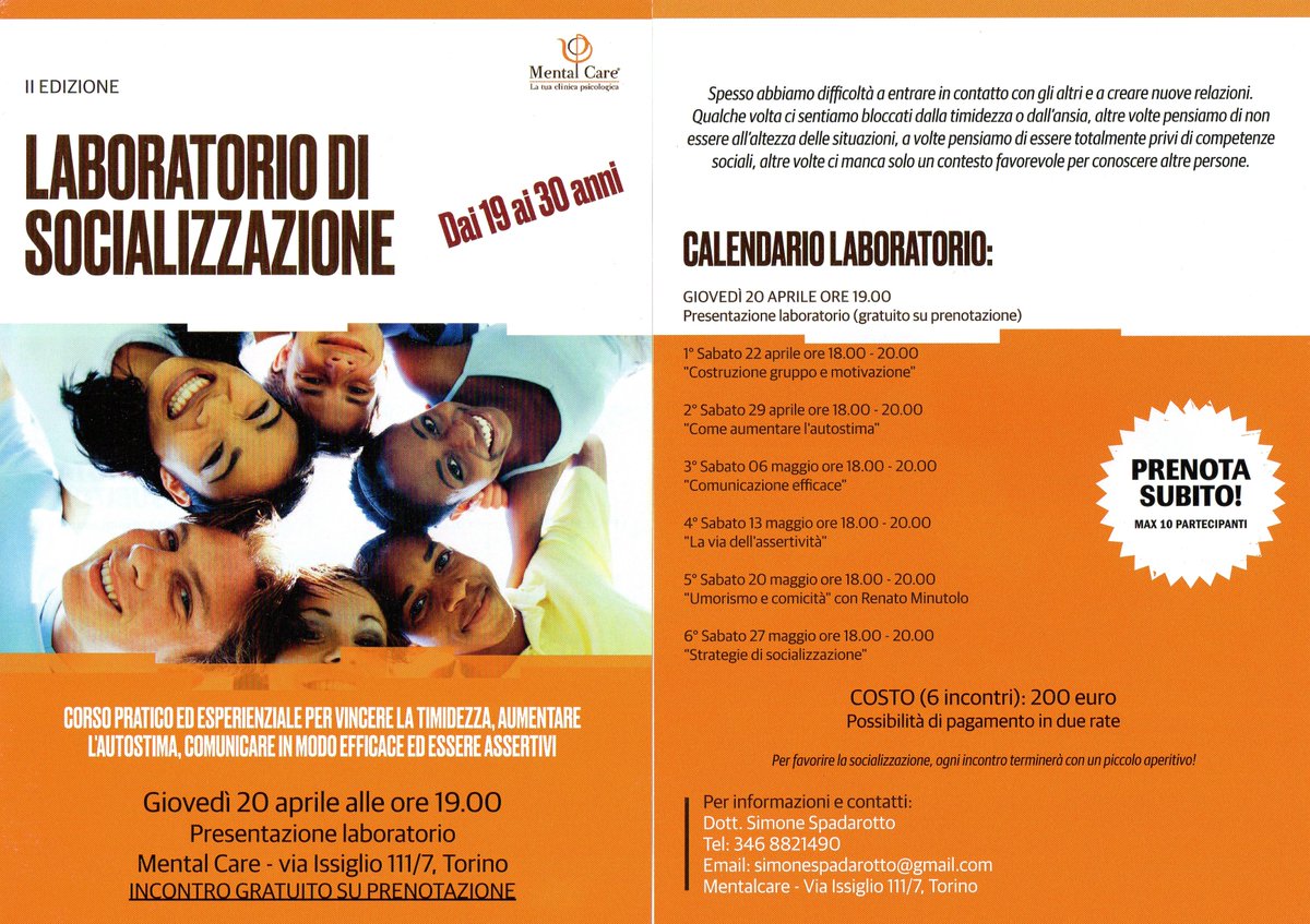 LABORATORIO DI SOCIALIZZAZIONE. Giovedì 20 aprile. Dott. Spadarotto (Tel. 3468821490) #timidezza #assertività #comunicazione #autostima