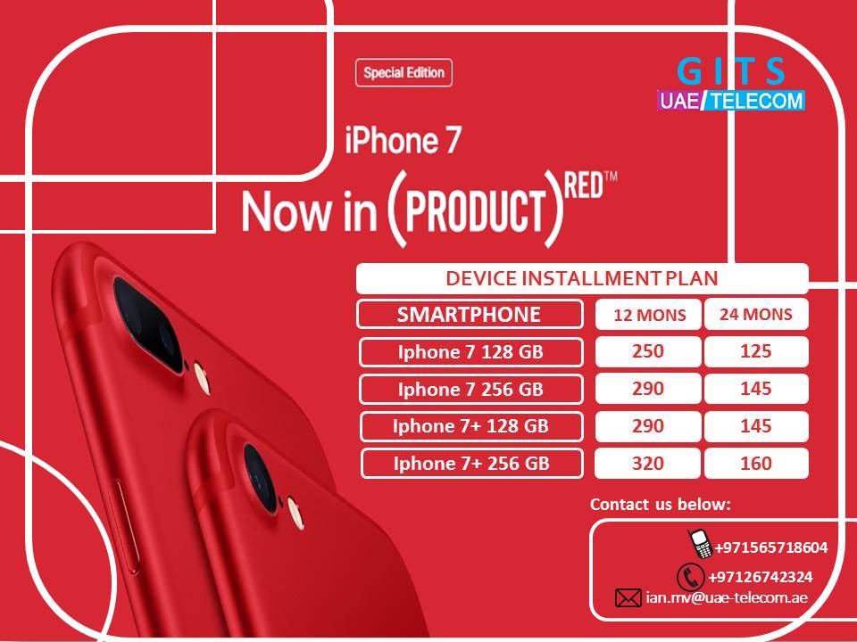 UAETelecom's tweet photo. #Iphone7and7plus in #RedEdition available on our #BusinessMobilePlan summer offer in zero upfront payment #DuGITS #dutelecom #BusinessPlan https://t.co/5z2UO4mCxD