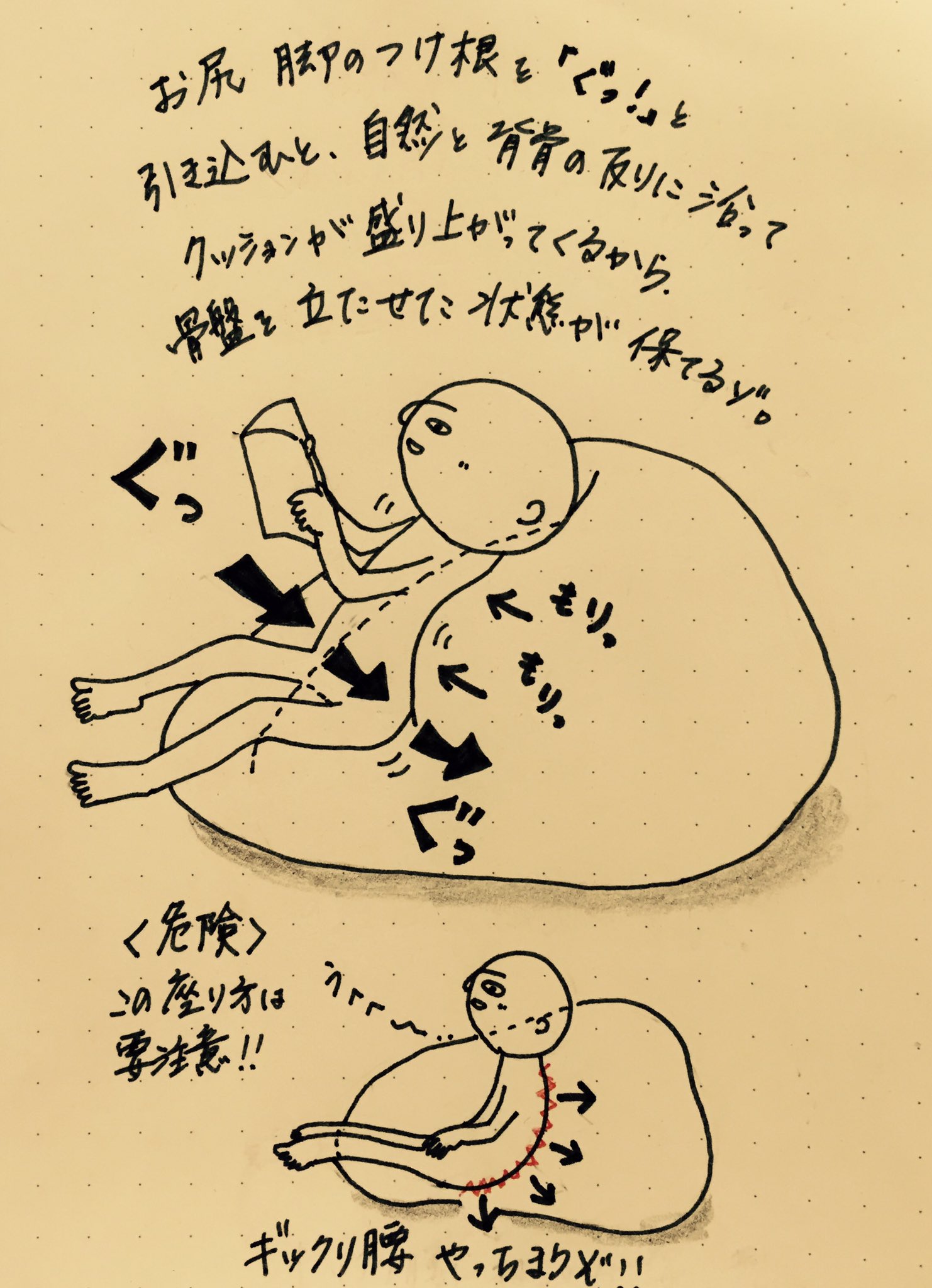 Yogayoga 17 4 10 Mon 人間をダメにする系クッションソファーご愛用の皆様へ せっかくリラックスしたいのに腰をやらかし兼ねないこちら 座り方にひと工夫を これでも全然楽チンだよ 人間をダメにする ソファー クッション ぎっくり腰 要注意