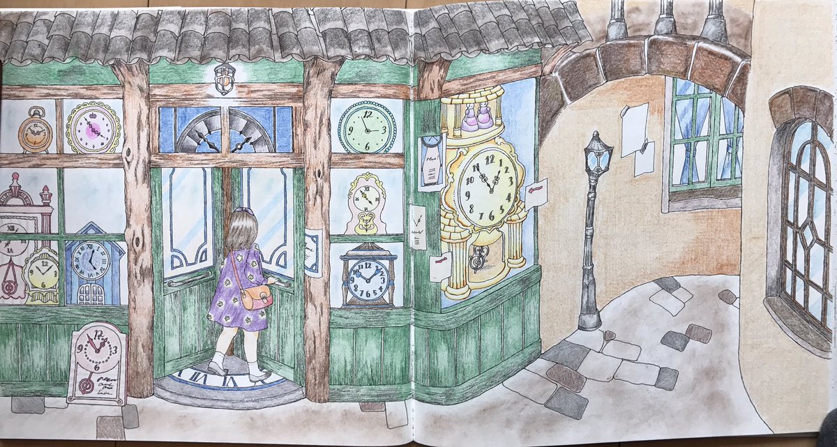 子育てママの大人の塗り絵 いろいろごちゃ混ぜになってしまったけど 一応完成 憧れのお店屋さん 大人の塗り絵 大人のぬりえ 時計屋 コロリアージュ T Co Eip1lkwf6e Twitter