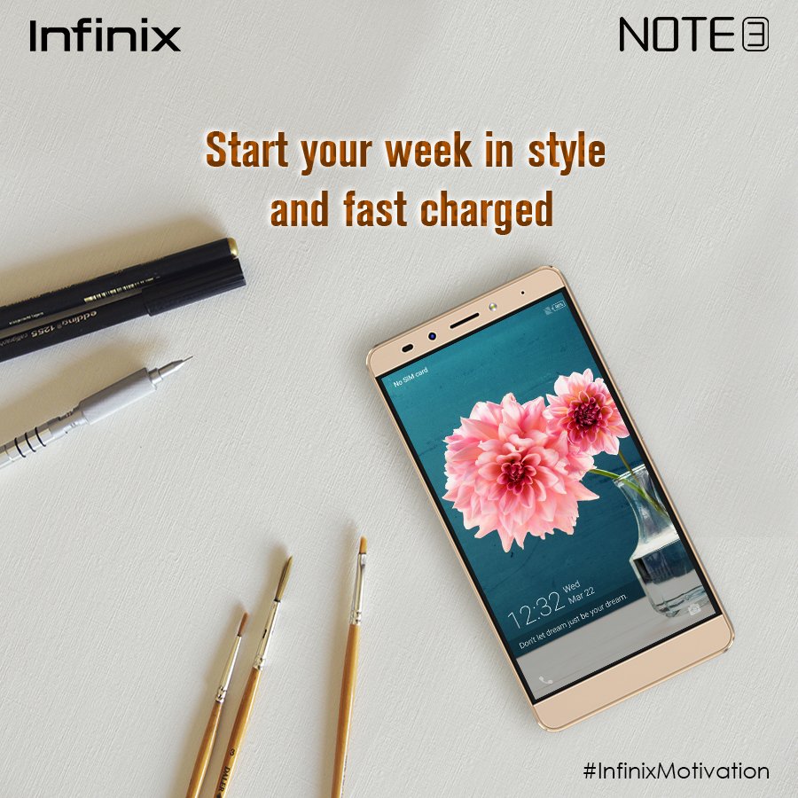 infinixuganda's tweet photo. Start your week in style and fast charged with #InfinixNote3!
Happy new week!
#InfinixMotivation https://t.co/R1fgqm8SFw