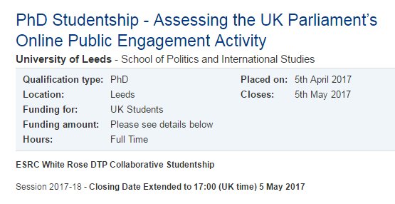 ESRC PhD Studentship to evaluate Parliament digital public engagement, with me &amp; @viktoria_sp, includes placement: jobs.ac.uk/job/AYM015/phd…