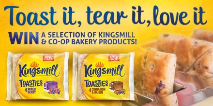 Celebrating new Kingsmill Toasties in two great varieties. L&amp;RT to #win Kingsmill and Co-op bakery products. Ts&amp;Cs: ow.ly/Ppu530aqNeB