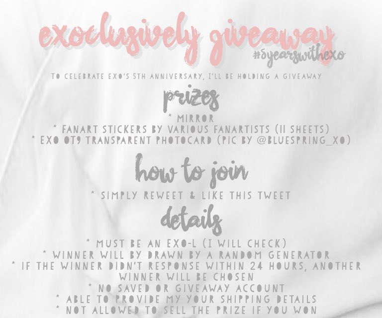 exoclusivelyy's tweet photo. exoclusively giveaway ✨

- simply rt &amp; like to enter
- 1 winner only
- open worldwide
- ends on 22 Apr 2017, 4.08PM KST

#5YearswithEXO https://t.co/RP03rp8Vl8