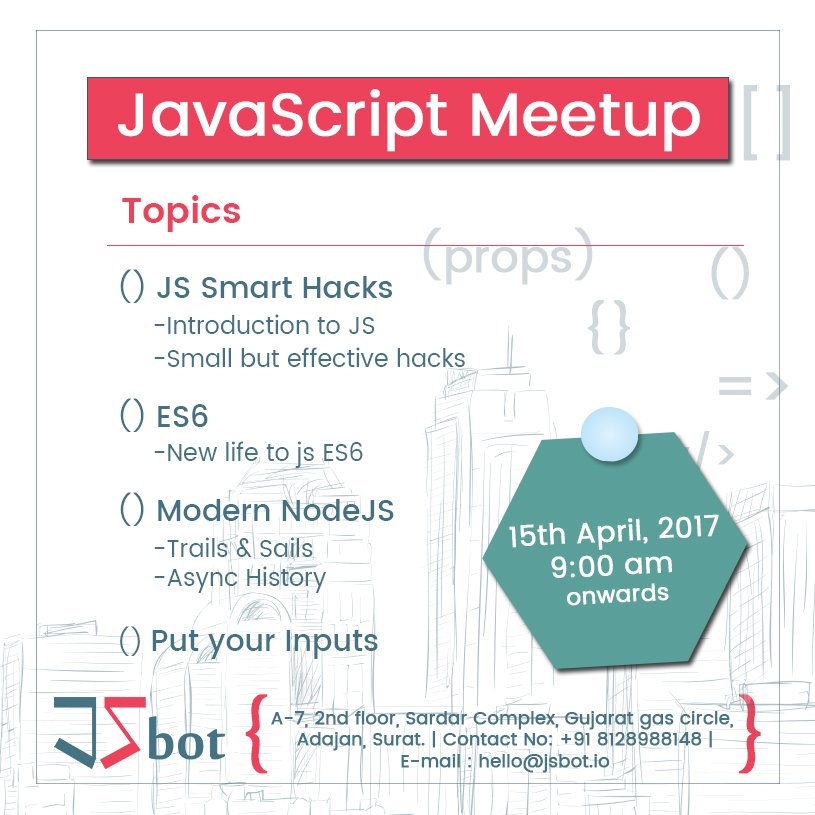 Nishchit14's tweet photo. Catch this meetup on this 15th ๐ @#surat
#jsbotio #javascript #TrailsJS #SailsJS #NodeJS https://t.co/6hinEko29w