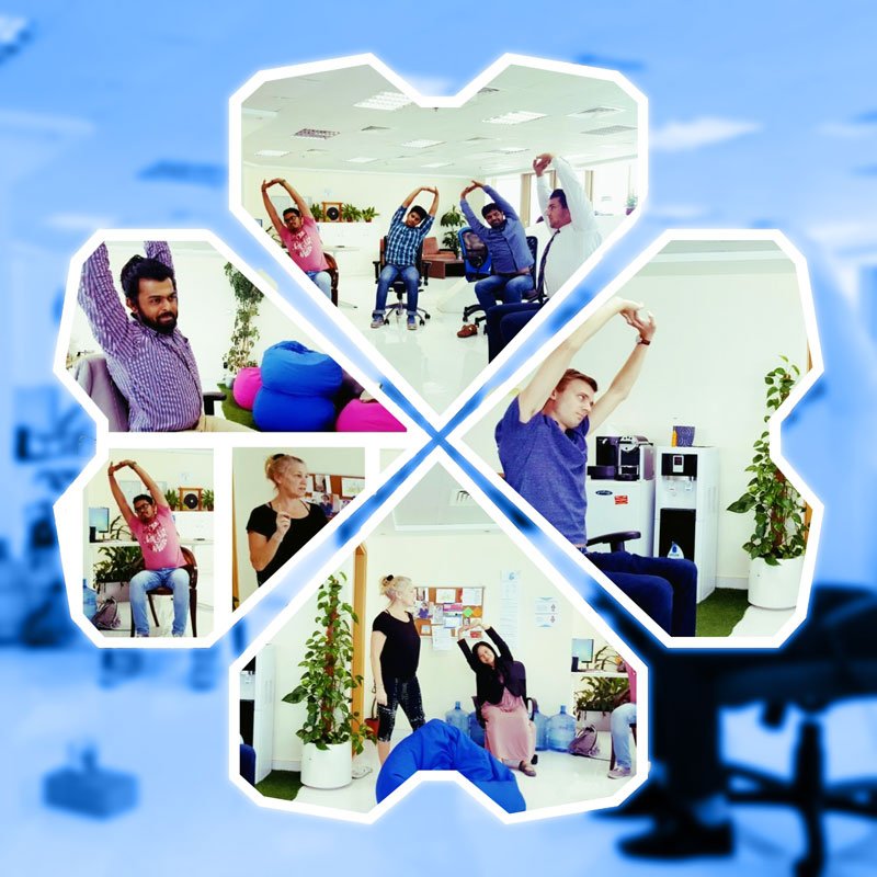 The company that works out together, works well together."  
...the Growers while doing "#Yoga Poses at Work" with Victoria from @VoyogaUAE