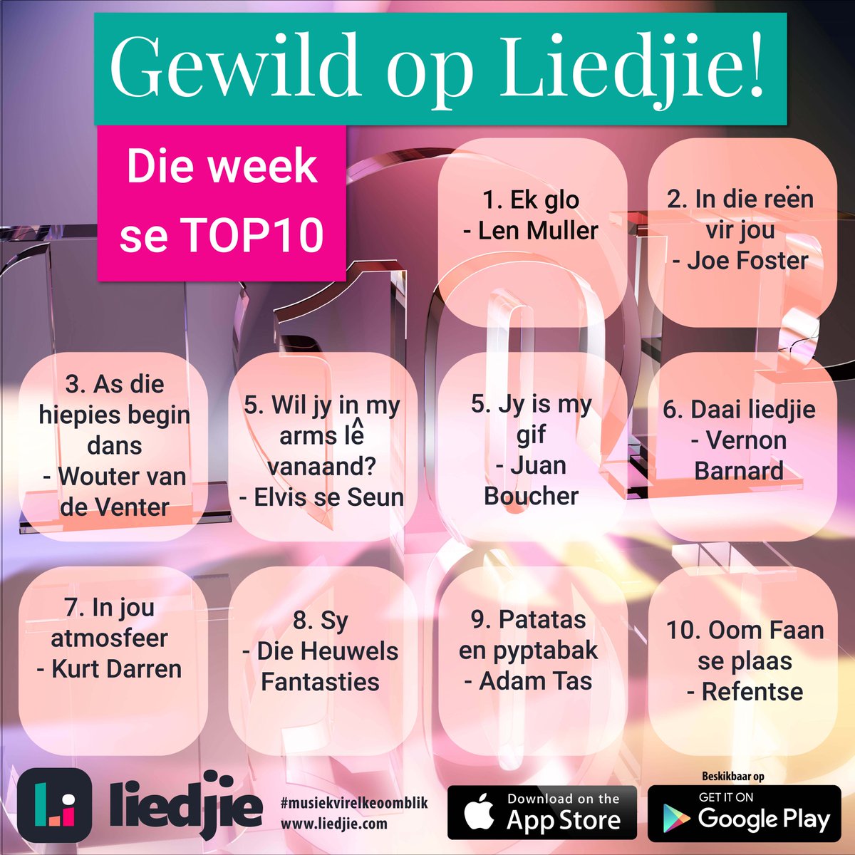 Hier is die Top 10 liedjies op Liedjie vir die afgelope week! Luister na hulle hier: liedjie.com/Top10
#MusiekVirElkeOomblik