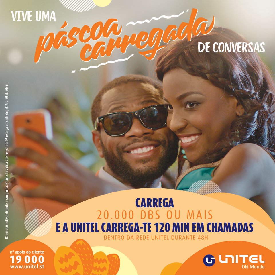 UnitelStp's tweet image. Vive uma Páscoa carregada de conversa! 
Carrega 20.000 Dbs ou mais e a Unitel carrega-te 120 Minutos em chamadas dentro da rede @UnitelStp.