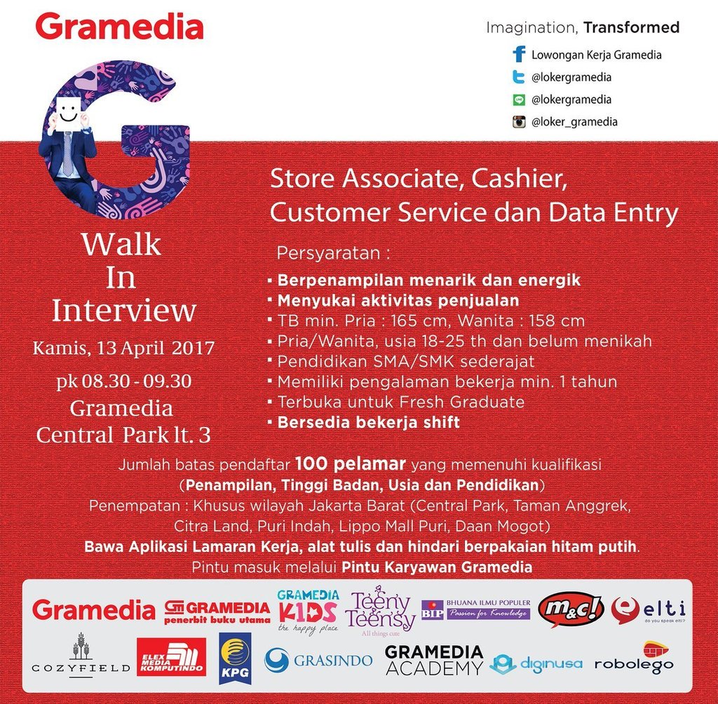 Walk in Interview Gramedia Terbaru April 2017  SerangID