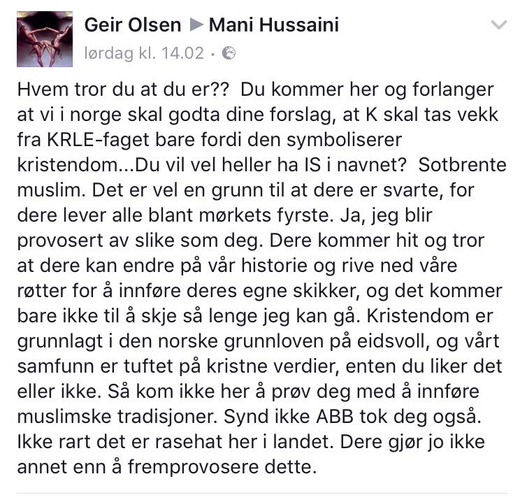ManiHussaini's tweet photo. Begynner å lure på om det er FOR LITE undervisningen i skolen om hva kristendommen er (bl.a. nestekjærlighet og menneskeverd)! @AHuitfeldt https://t.co/ObQmprHqfB