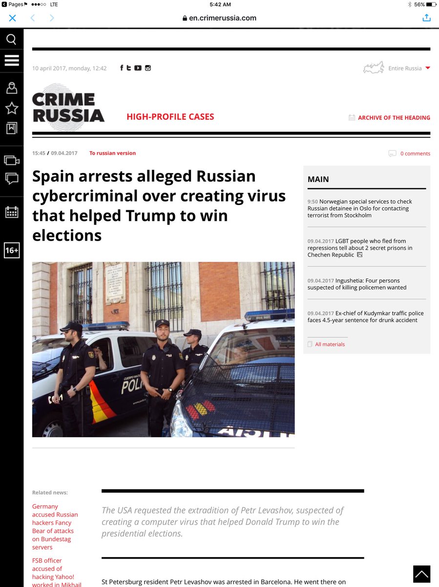 BinsackSb's tweet photo. #MFAConfirmed - At Request Of DOJ/FBI Comey: Spain arrests alleged Russian cybercriminal over creating virus that helped Trump win elections https://t.co/uvCyUgU4DE