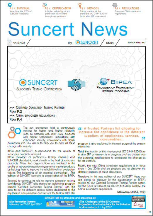 SUNCERT_SAS's tweet photo. Read our Suncert News n°4:
- BIPEA and SUNCERT
- ISO 24444 standard revision
- China sunscreen regulations
and more!
https://t.co/h9EaCdSgMY https://t.co/jFnQzuBBTP