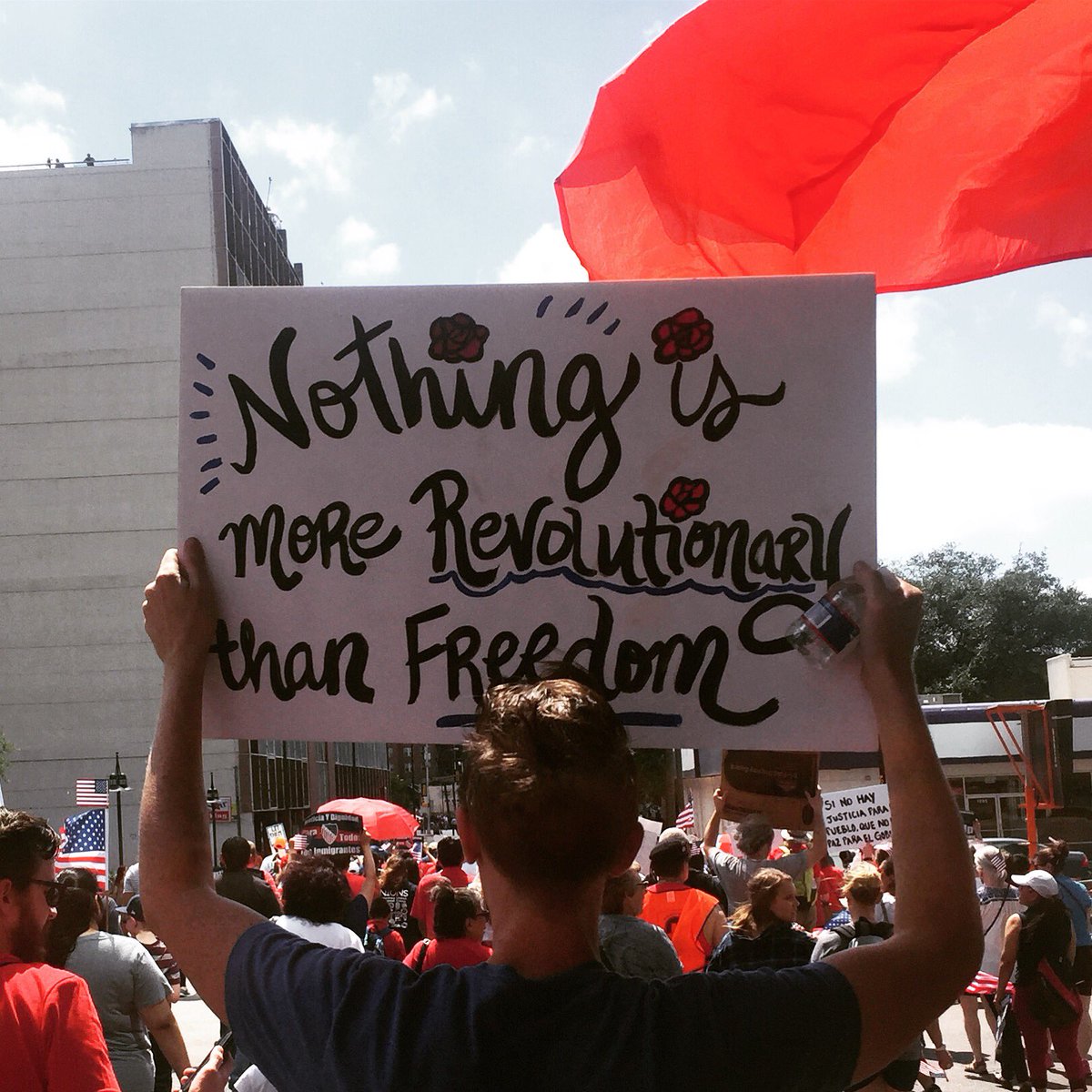 DSAFortWorth's tweet photo. No justice for people, no peace for government. #dallasmegamarch2017 #DSA 🌹 https://t.co/JWKOyRavI7