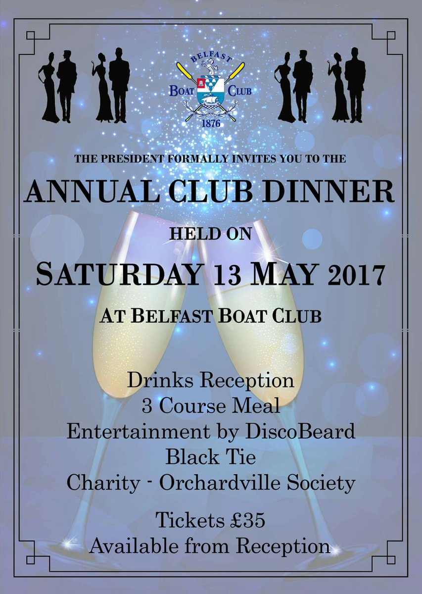 <a href="/BelfastBoatClub/">Belfast Boat Club</a> Annual Club Dinner, Saturday 13th May 2017. Tickets are available from reception
#Belfast #BelfastBoatClub