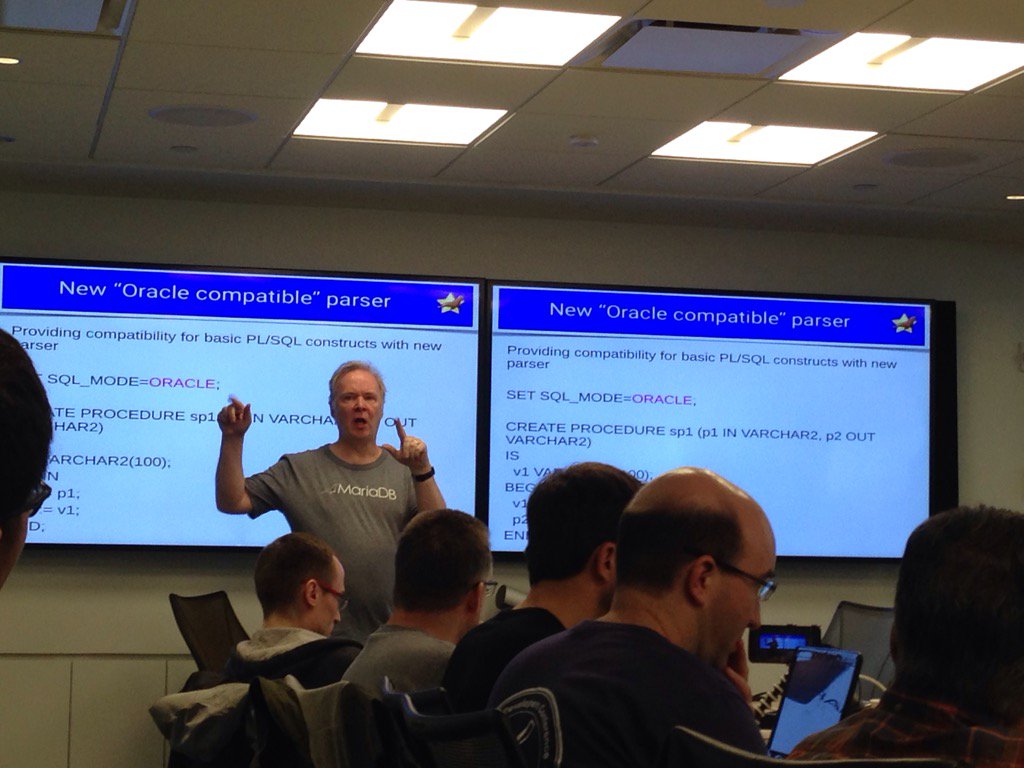CalvinSun2012's tweet photo. Monty on "Oracle Compatibility" release @ MariaDB Developer (Un)Confidence. https://t.co/JP39SK7Q0m