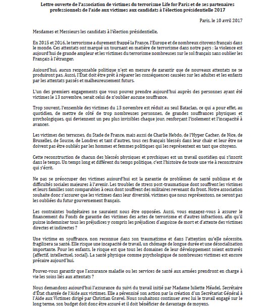 lifeforparis's tweet photo. Notre lettre ouverte aux candidats à la présidence, signée par nos partenaires professionnels en aide aux victimes : https://t.co/2tAIqaPrLP https://t.co/2M9q9aD7tn